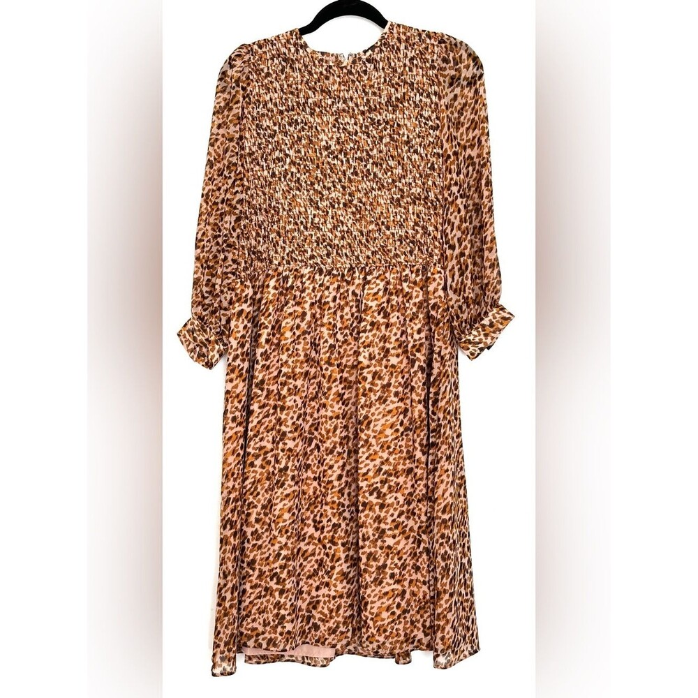 Ann Taylor Animal Print Smocked Fit & Flare Midi Dress Size 12P Petite - Picture 2 of 5